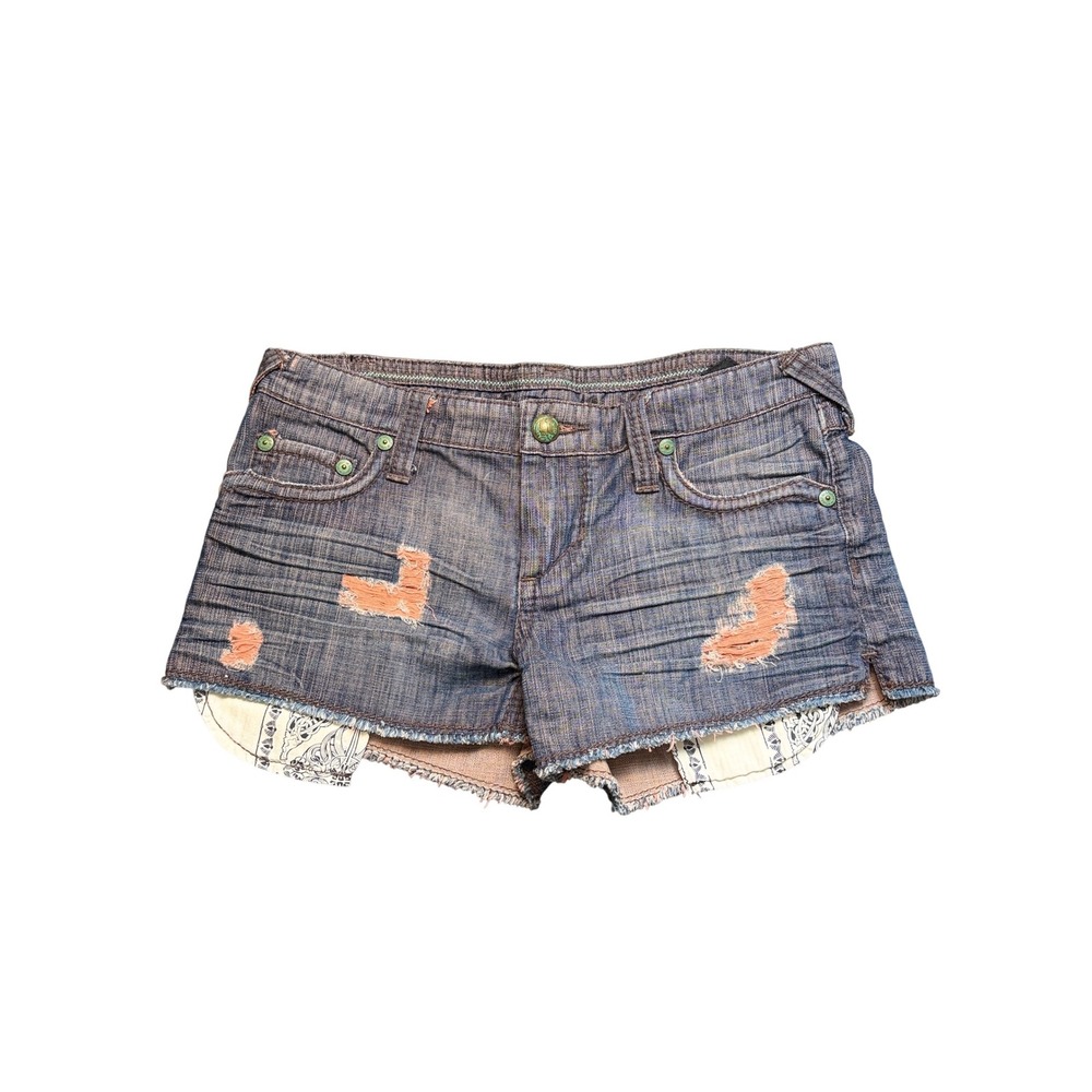 Stitches Y2K Low Rise Distressed Denim Shorts Peekaboo Pockets Y2K Size 28 Waist